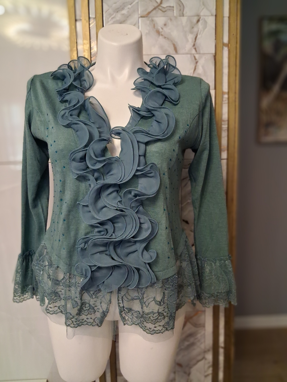 Women’s Ruffled Lace-Trim Blouse - Teal